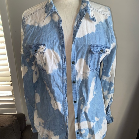 lei Tops - L.E.I. Women Shirt XL Blue Bleached Button Up Roll Tab Sleeves Pockets
